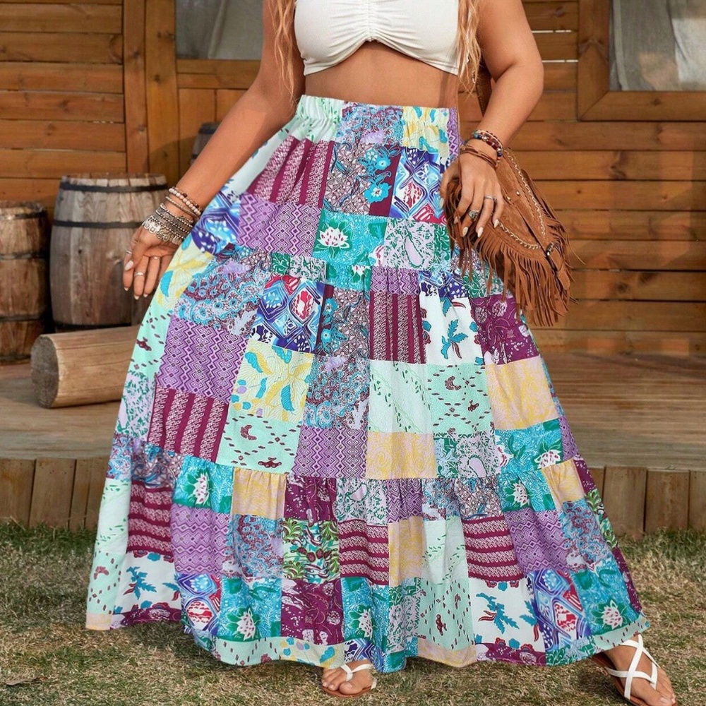 Plus Colorful Floral Print Stretchy Waist Ruffle Hem Maxi Skirt